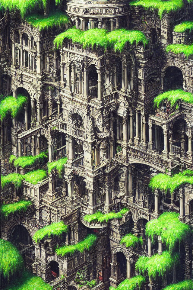 Detailed drawing of fantastical multi-level structure with lush greenery and intricate stonework.