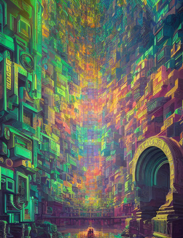 Cyberpunk cityscape with chaotic structures and colorful light column.