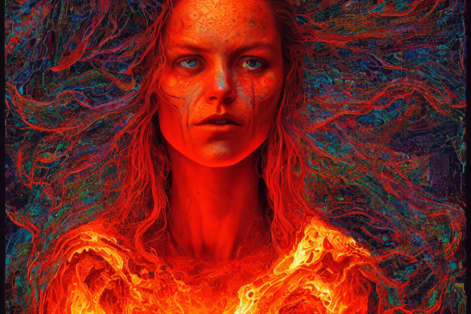 Intense gaze woman in vibrant fiery colors and intricate patterns