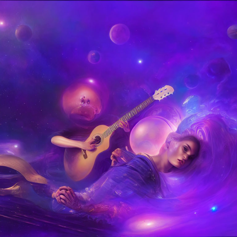 Woman floating in space with guitar amid purple nebulae and celestial orbs.