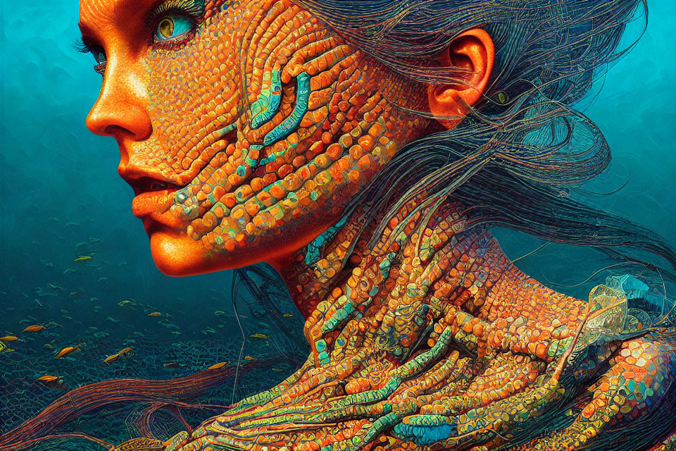 Detailed colorful illustration of woman with reptile-like skin and vibrant blue eyes