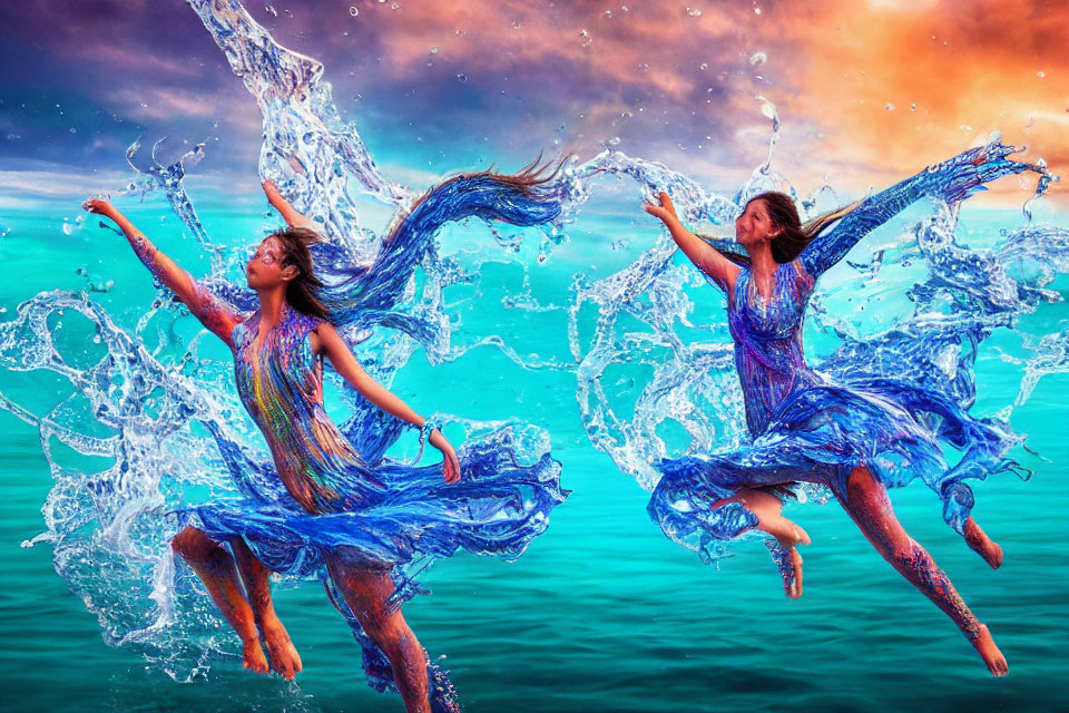 Two women in blue dresses dancing with water splashing in surreal sky.