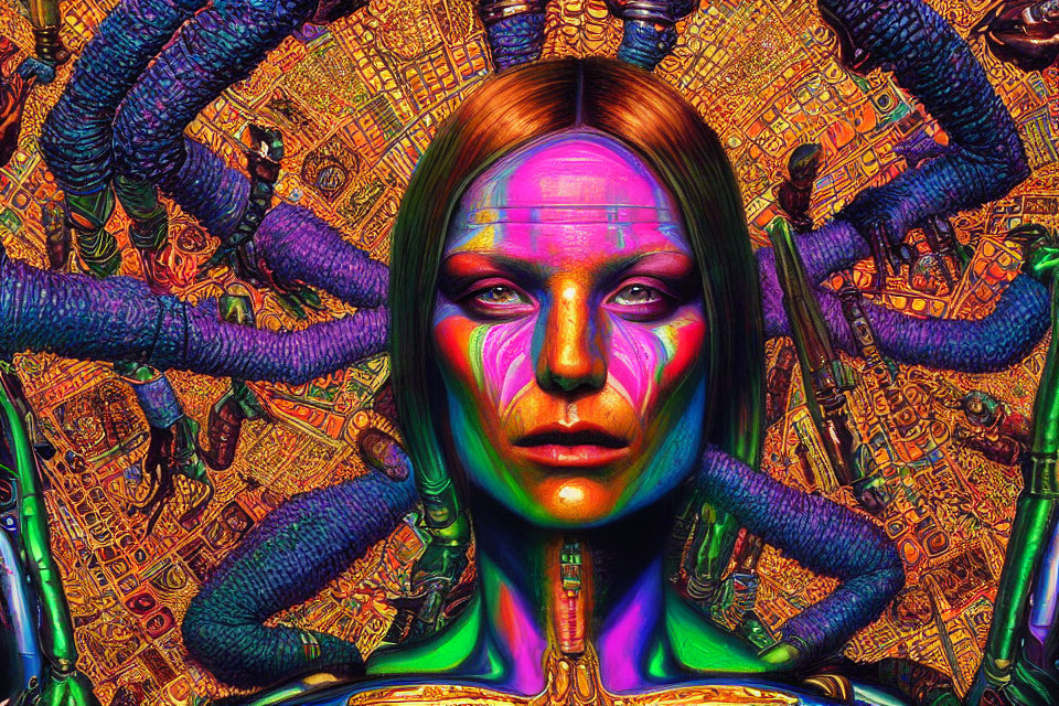 Colorful Psychedelic Artwork with Humanoid Figure and Mechanical Elements