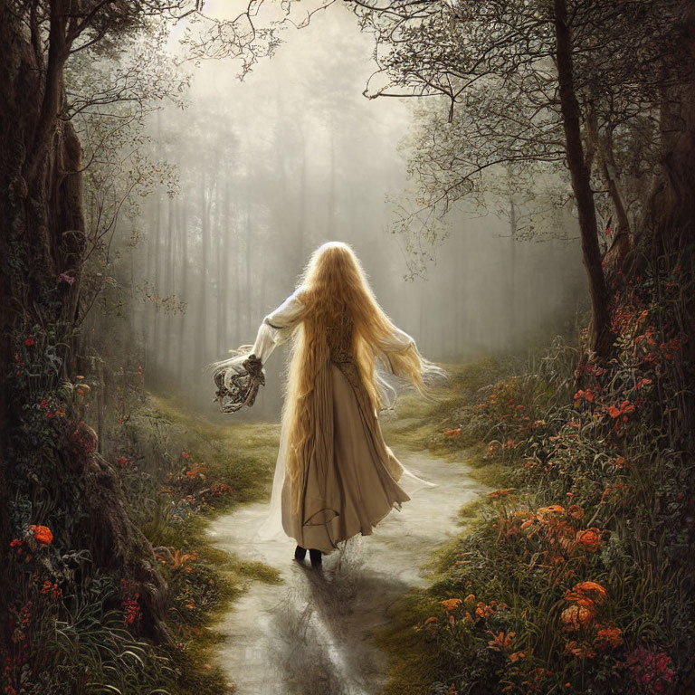 Blonde woman in beige dress walking forest path with wreath