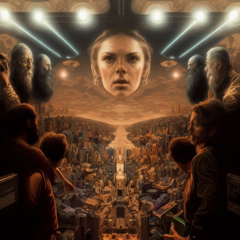 Surreal illustration: Woman's face over futuristic cityscape