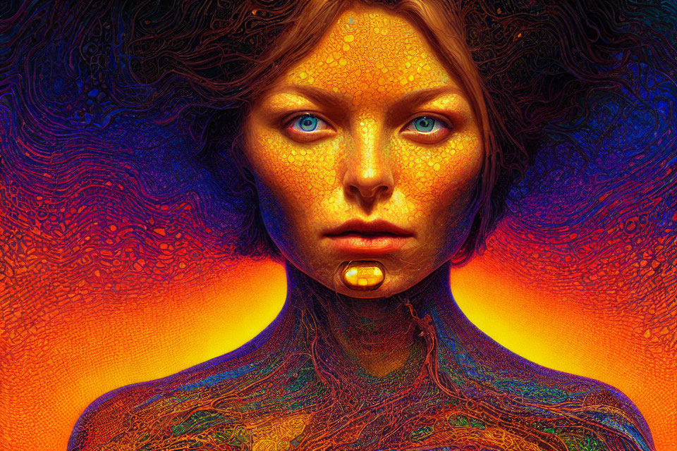 Colorful Psychedelic Portrait of Woman with Intense Blue Eyes