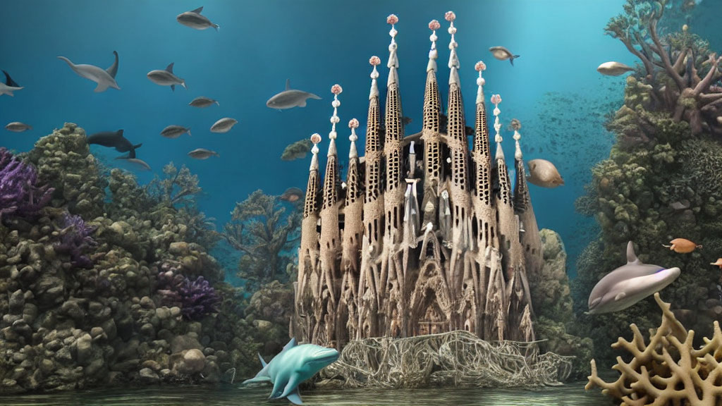 Gothic-style building submerged in vibrant underwater scene