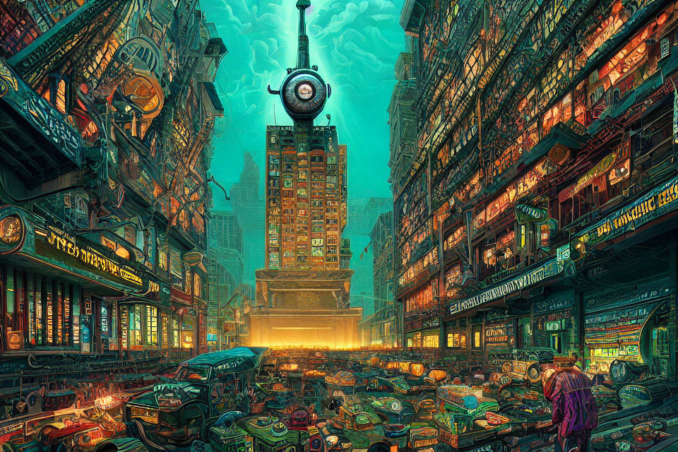 Futuristic cyberpunk cityscape at dusk with neon signs, crowded streets, towering buildings, and