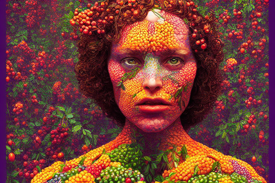 Person's Face and Body Camouflaged with Berries and Leaves in Vibrant Textures