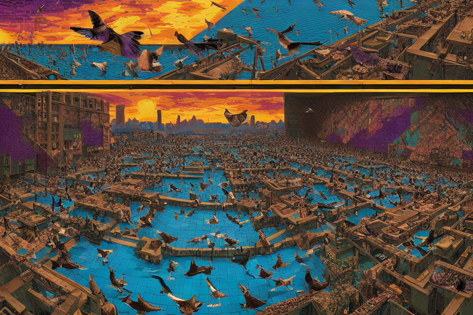 Dystopian landscape with submerged buildings, orange sky, and scattered civilization.