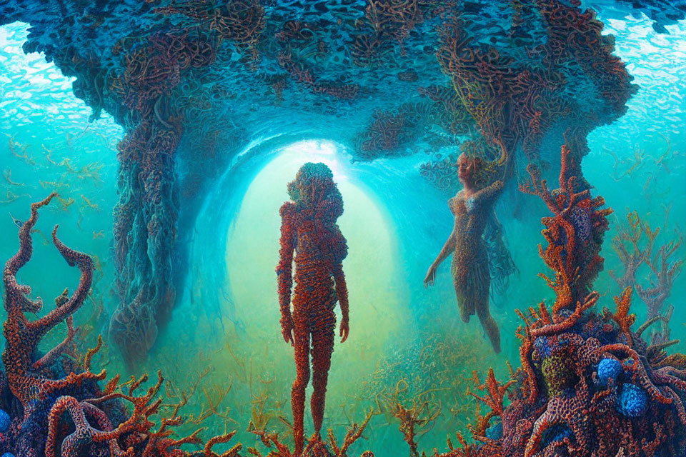 Underwater scene: humanoid figures with coral textures near vibrant marine life.