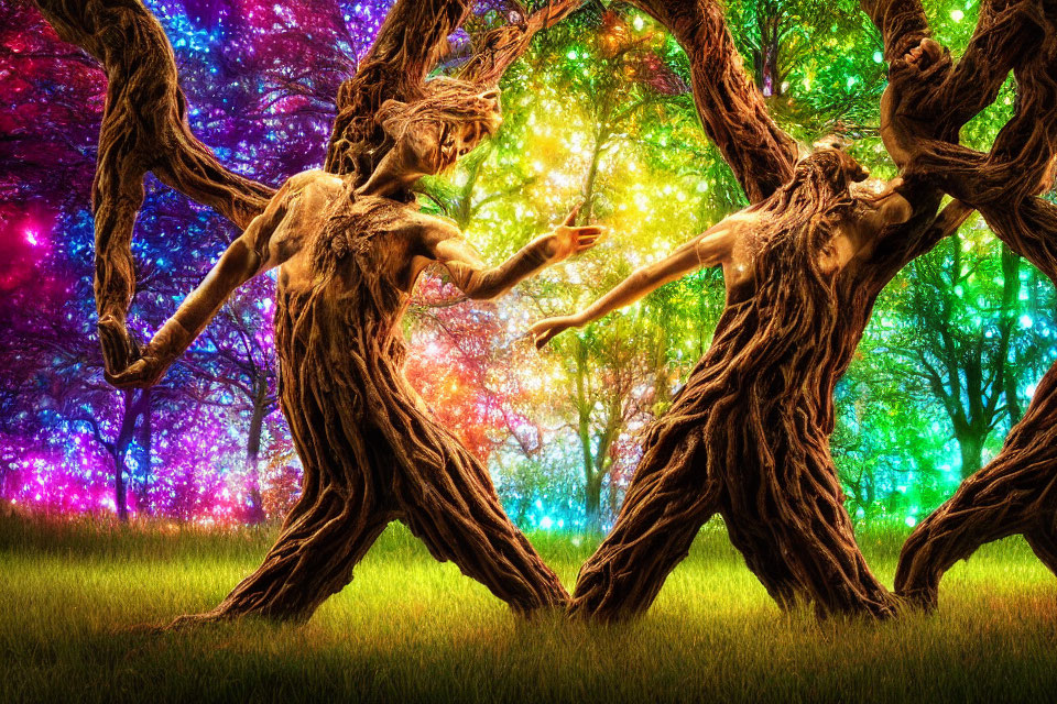 Vibrant fantasy scene: tree-like human figures in colorful forest