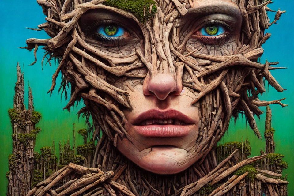 Fantasy portrait of woman with green eyes merged with wooden branches on blue backdrop