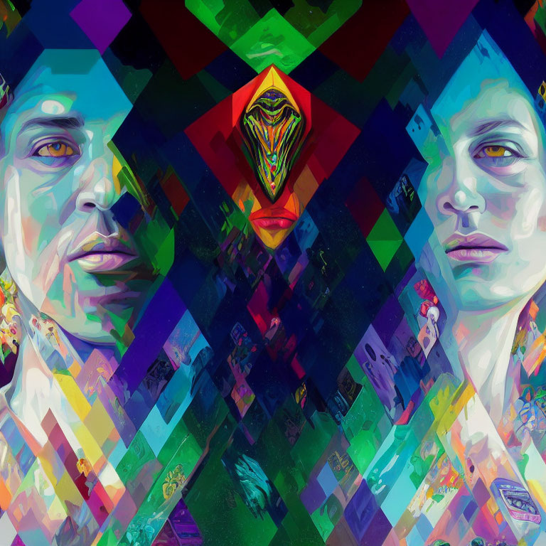 Colorful Abstract Art: Symmetrical Faces & Geometric Shapes