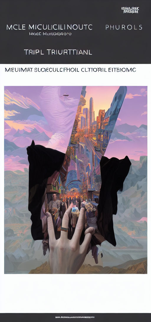 Surreal poster featuring hands tearing through reality to reveal futuristic cityscape