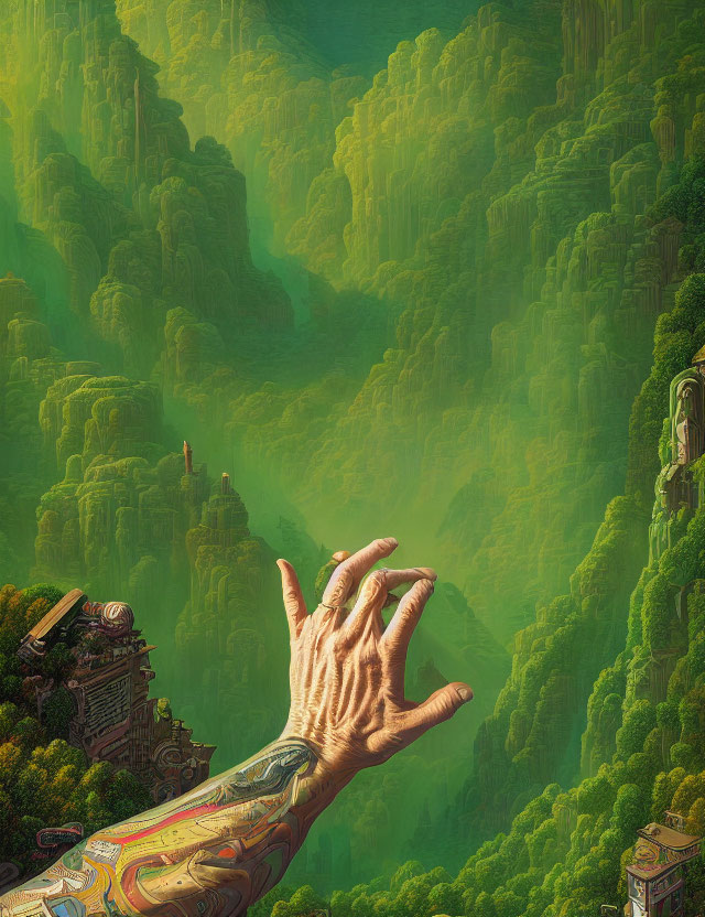 Colossal hand in surreal landscape with towering cliffs