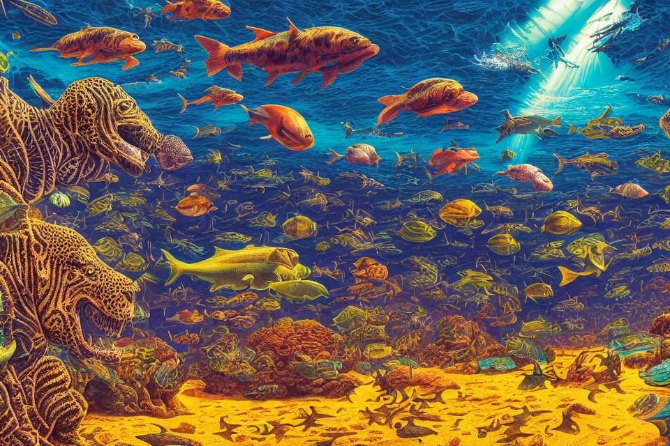 Colorful Fish Swimming in Sunlit Coral Reef