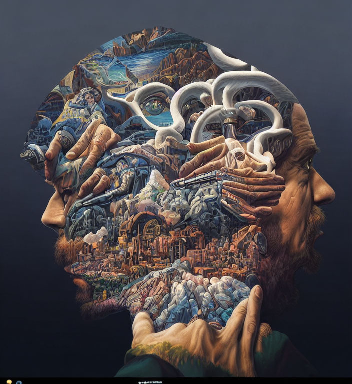 Surreal painting of man's head revealing intricate scenes with altering hands