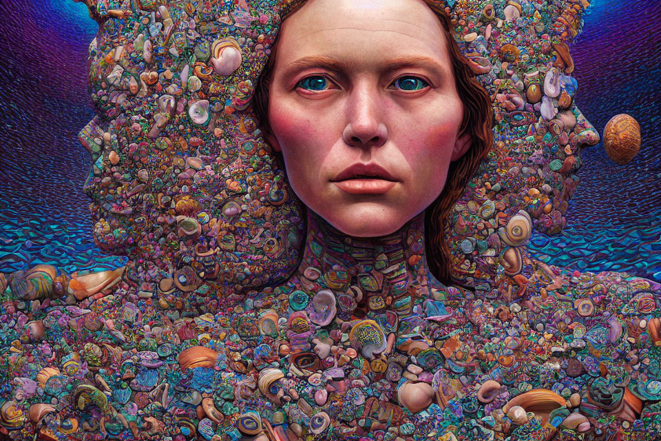 Colorful Surrealist Portrait with Sea Shell Patterns