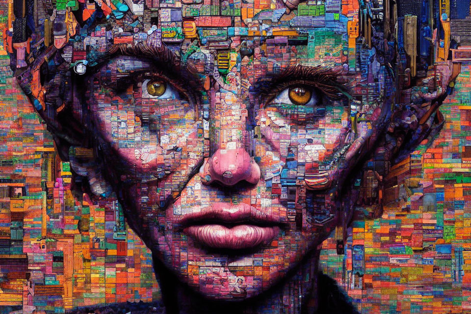 Vibrant mosaic artwork featuring a human face and hypnotic eyes