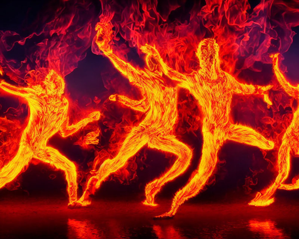 Flaming human figures in motion against fiery background