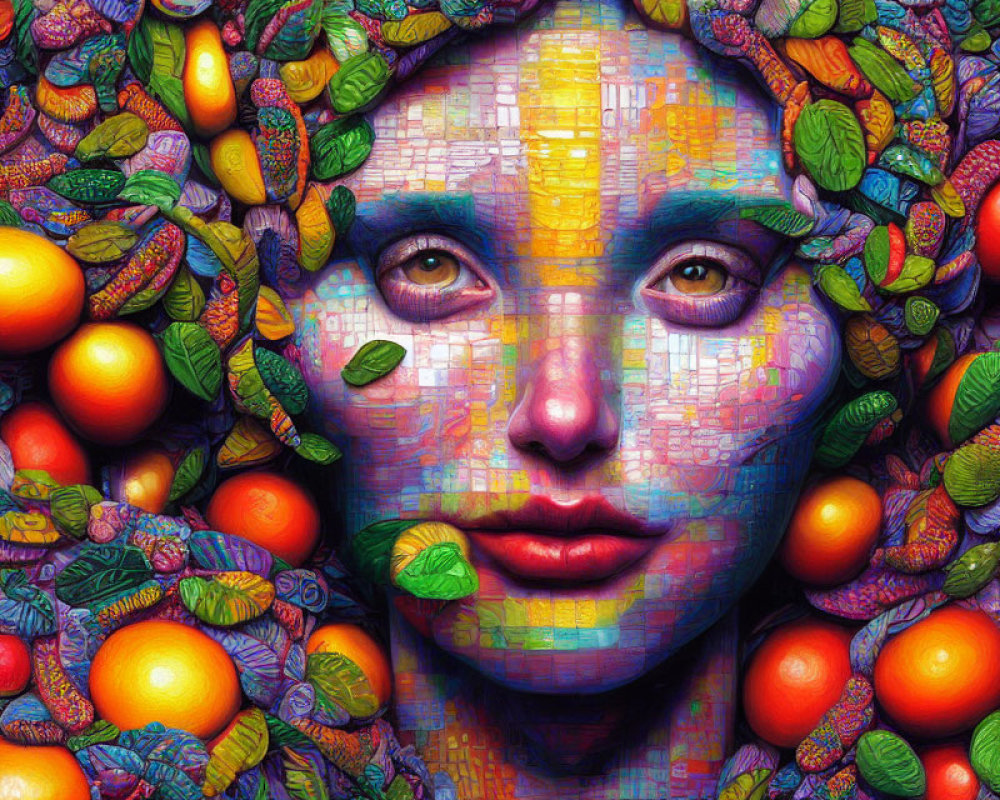 Colorful Fruit and Leaf Mosaic Portrait of a Woman