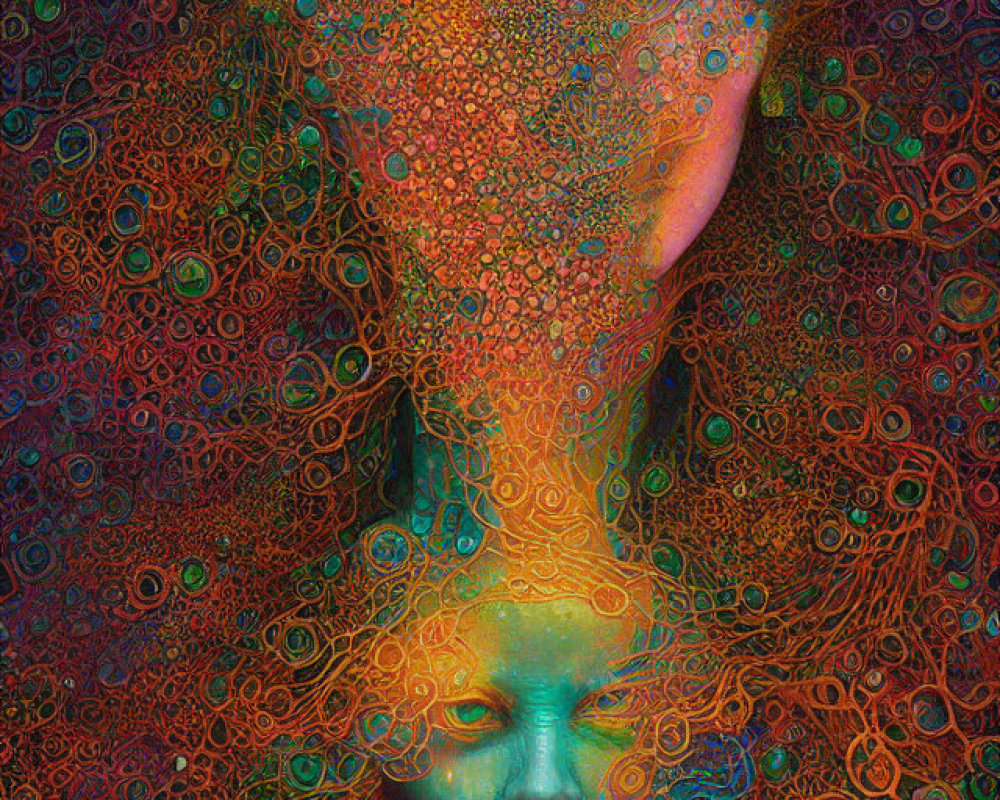 Colorful digital artwork: calm face in intricate swirls