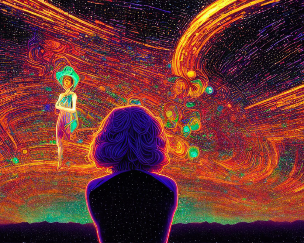 Vibrant psychedelic artwork with cosmic landscape and swirling patterns