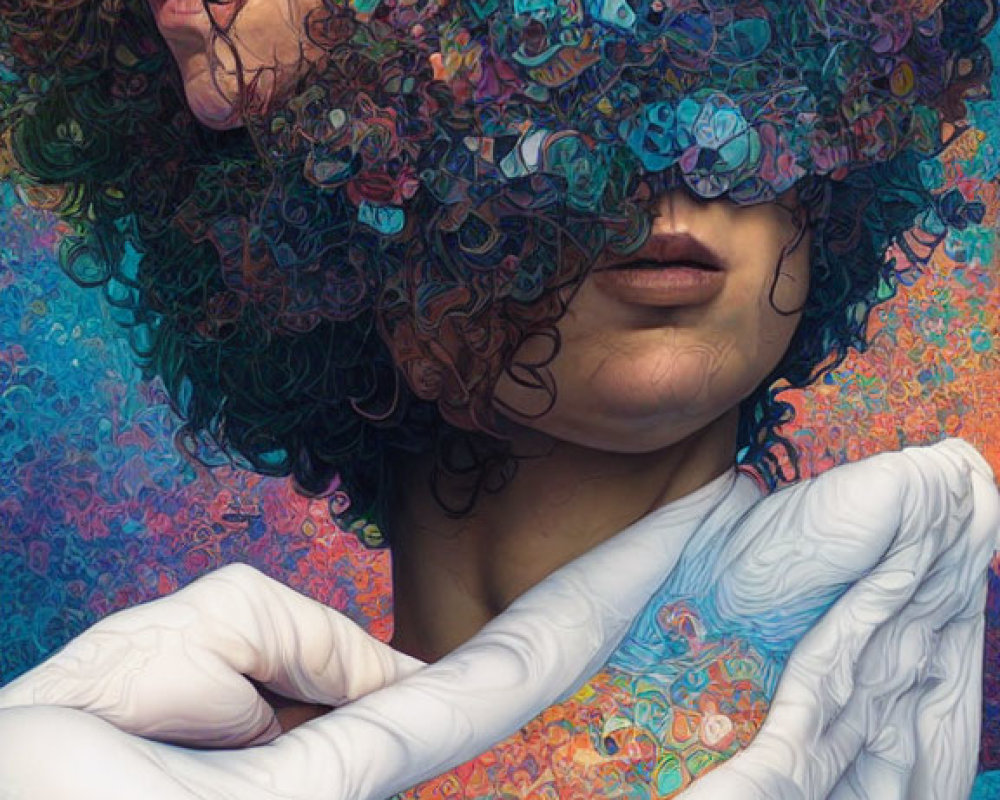 Colorful digital artwork blending two people with intricate patterns