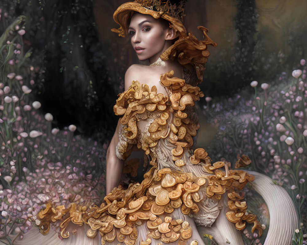 Woman in golden mushroom gown sitting in mystical forest