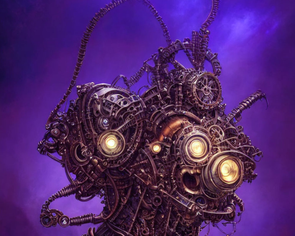 Steampunk-style mechanical structure with glowing eyes on purple backdrop