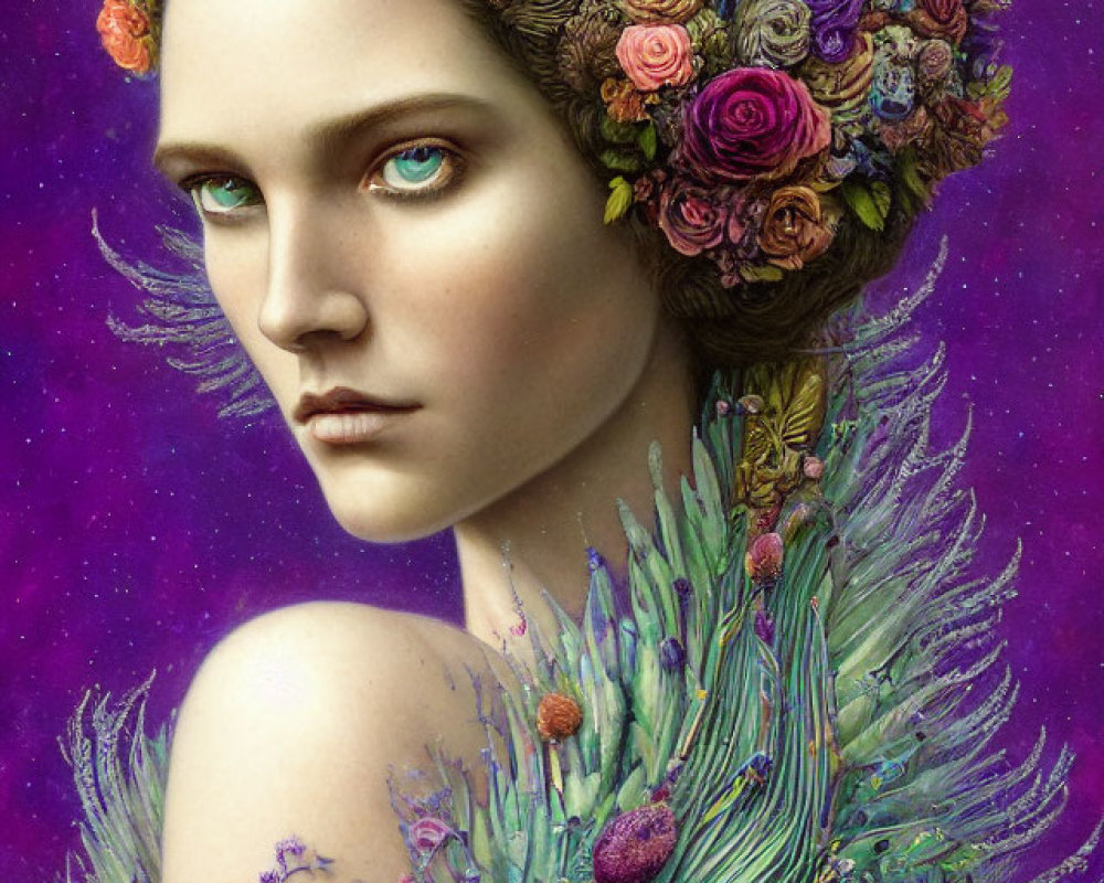 Woman portrait with floral crown and peacock feather adornments