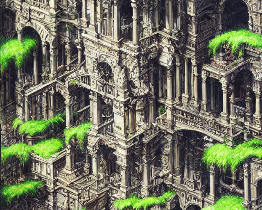 Detailed drawing of fantastical multi-level structure with lush greenery and intricate stonework.