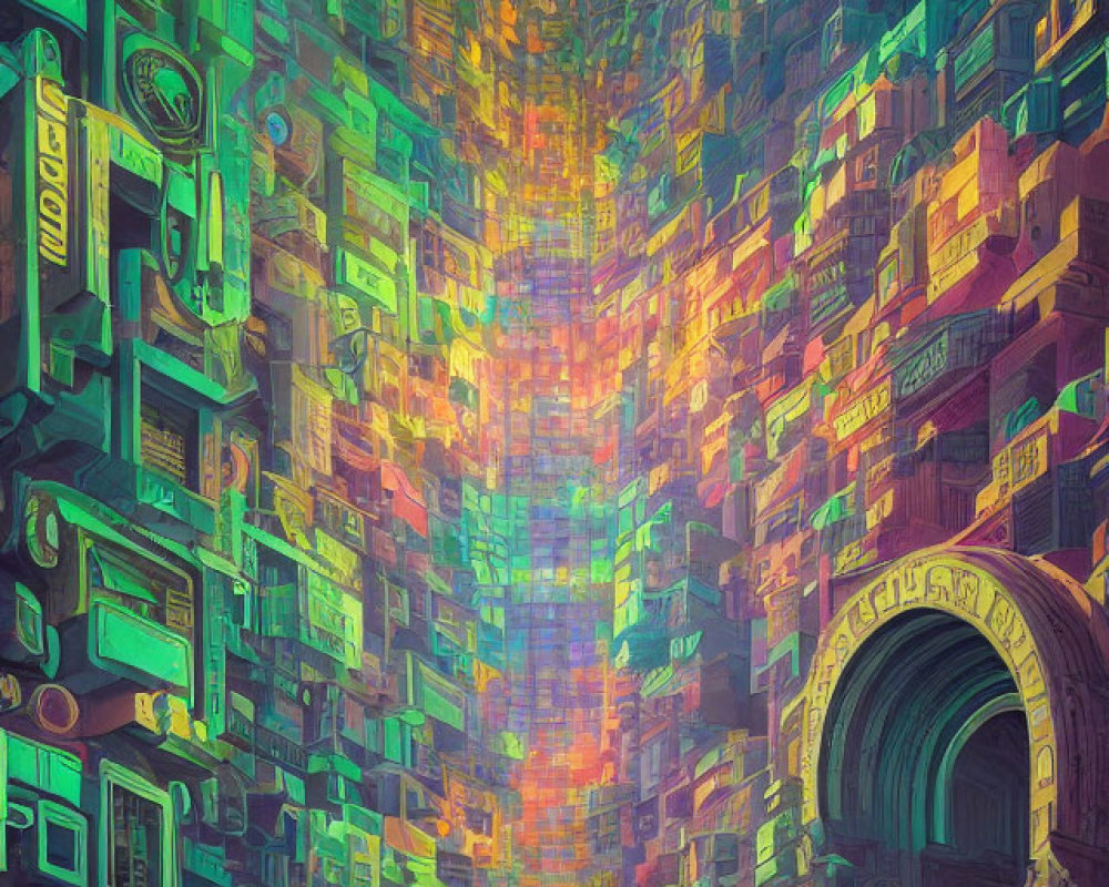 Cyberpunk cityscape with chaotic structures and colorful light column.