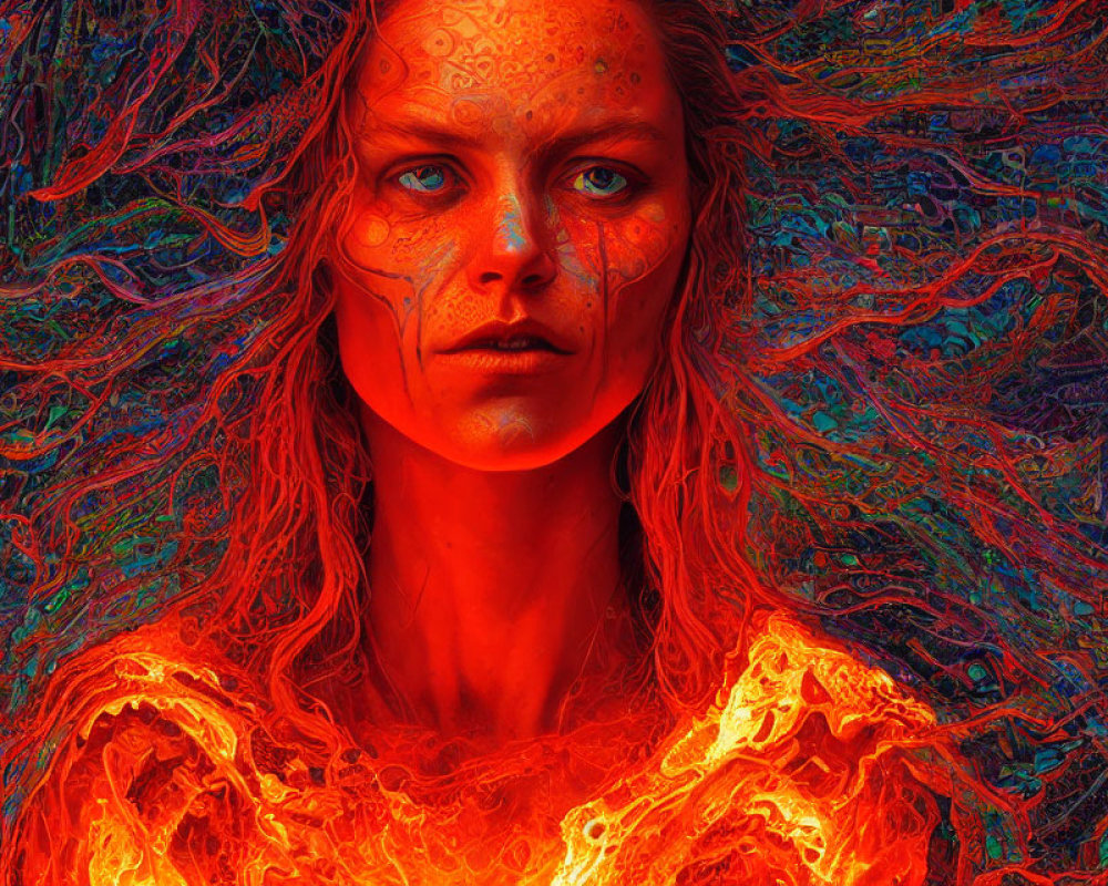 Intense gaze woman in vibrant fiery colors and intricate patterns