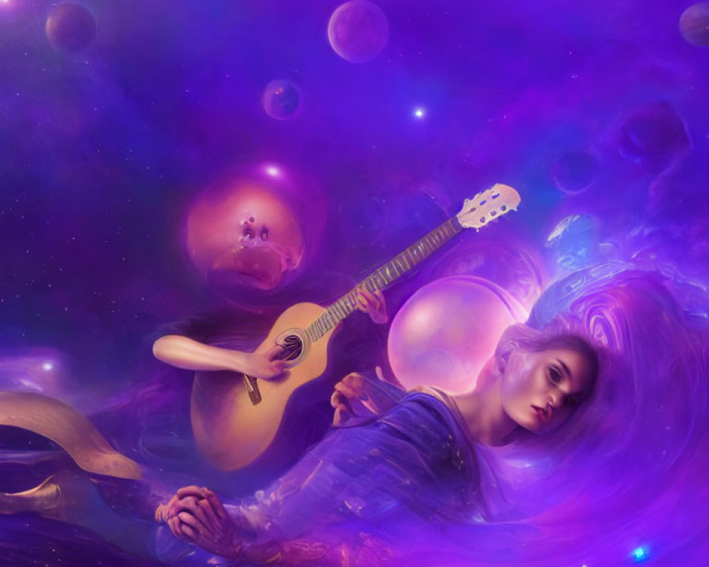 Woman floating in space with guitar amid purple nebulae and celestial orbs.