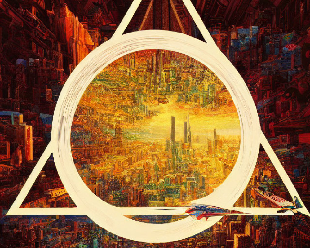 Colorful surreal cityscape in circular frame against dark mechanical background.