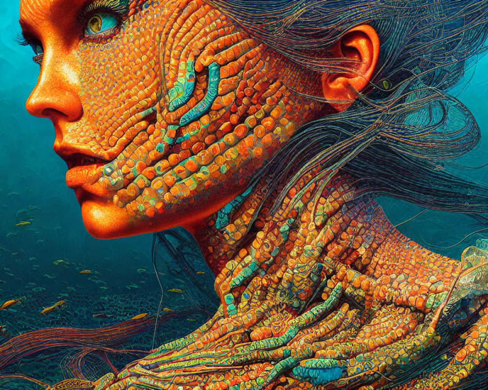 Detailed colorful illustration of woman with reptile-like skin and vibrant blue eyes