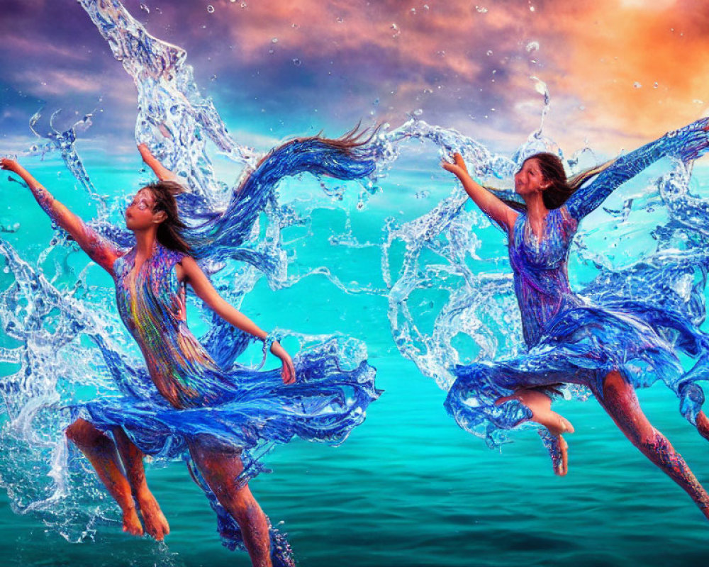 Two women in blue dresses dancing with water splashing in surreal sky.