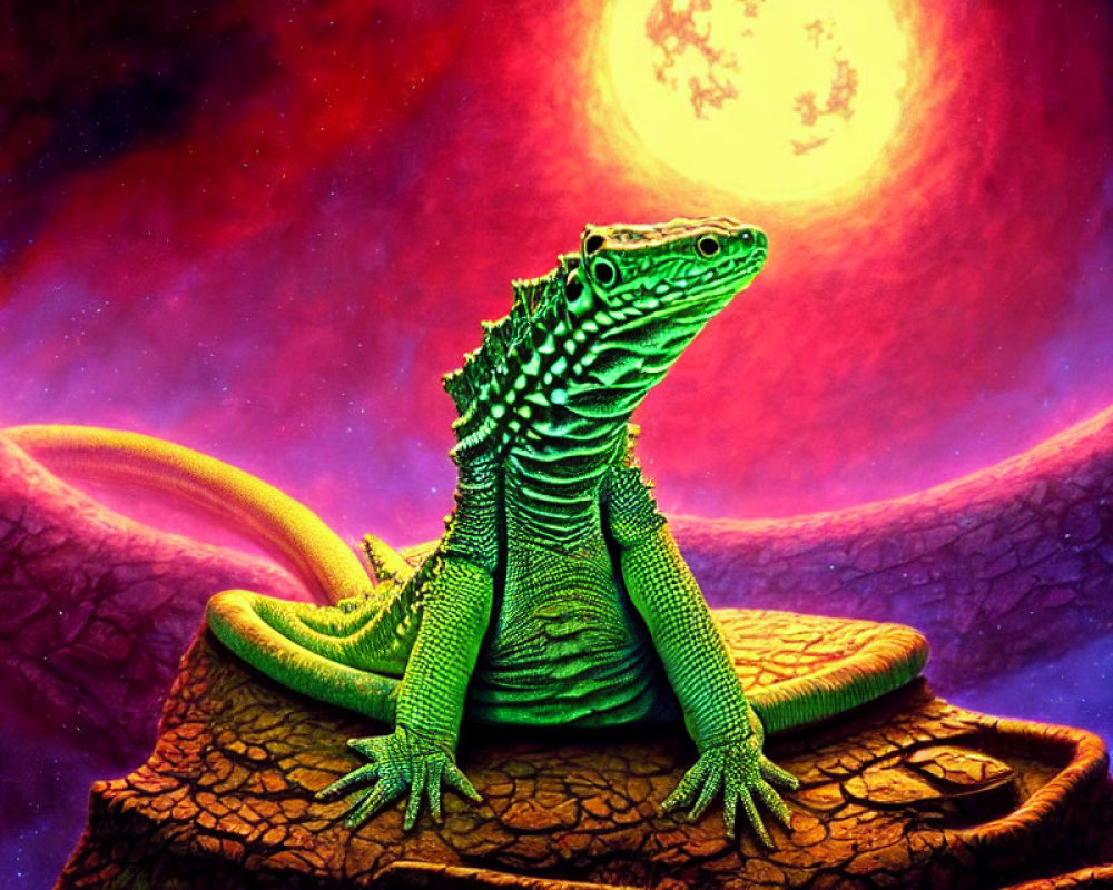 Colorful illustration of green iguana on rock with cosmic background