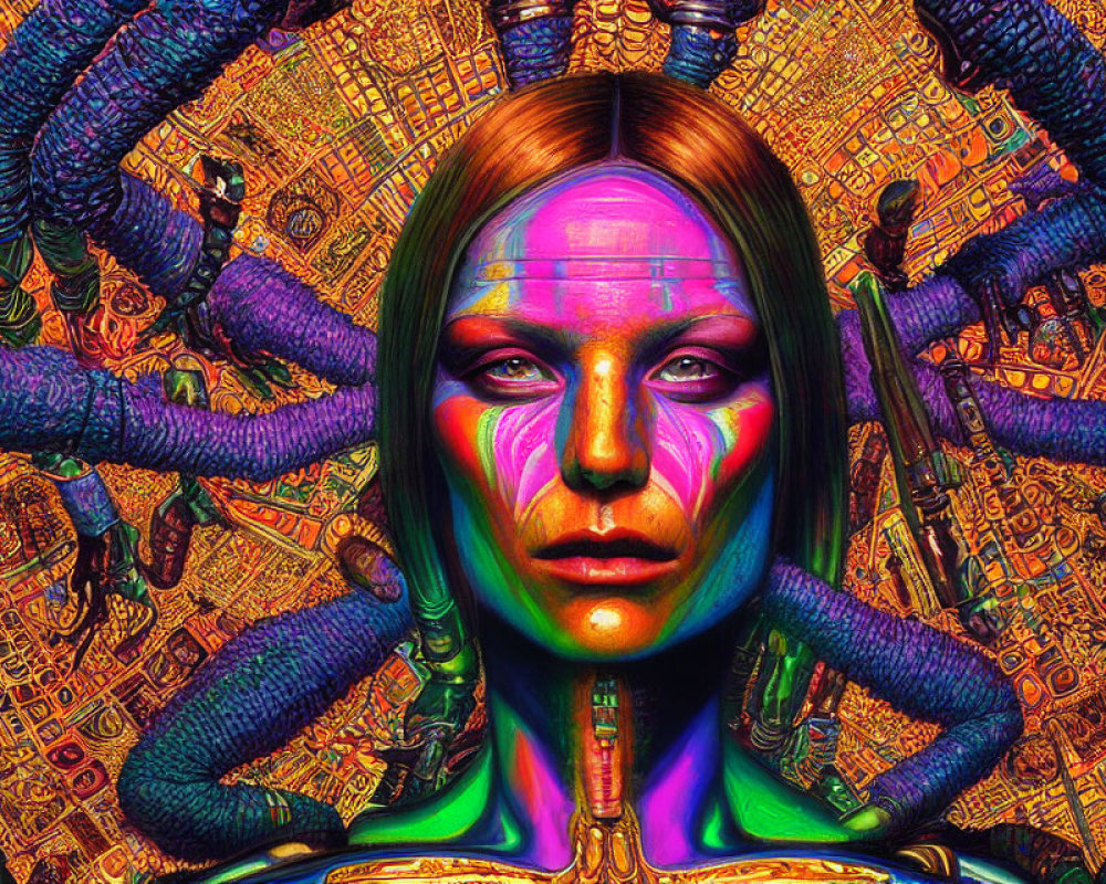 Colorful Psychedelic Artwork with Humanoid Figure and Mechanical Elements