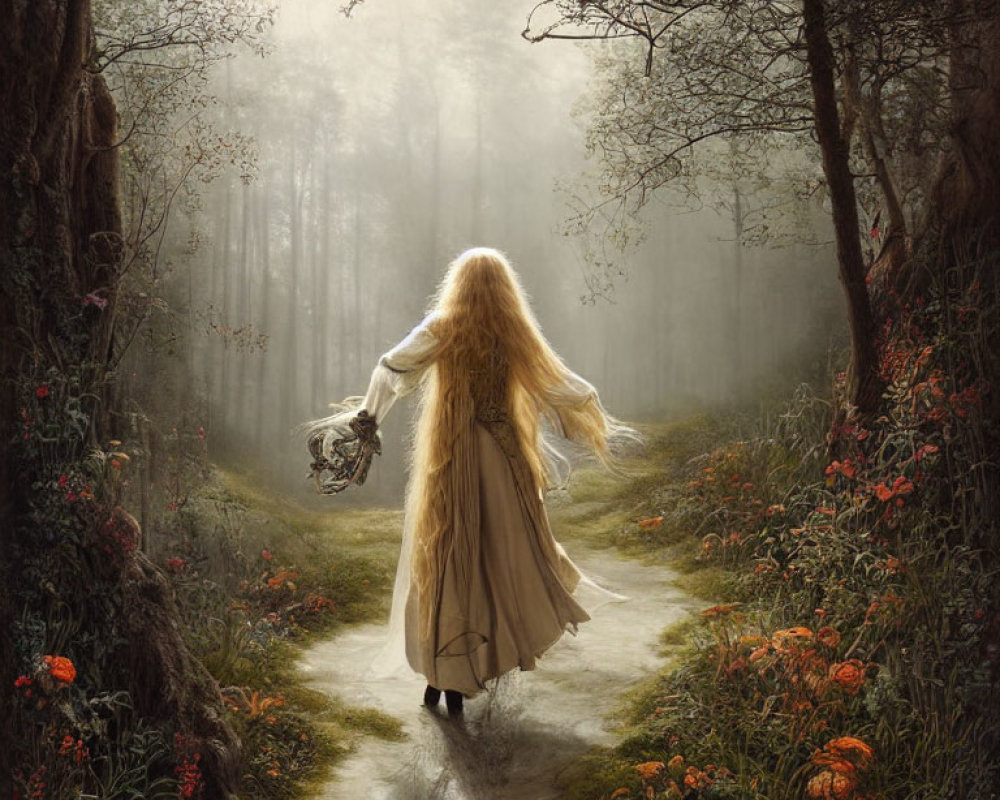 Blonde woman in beige dress walking forest path with wreath