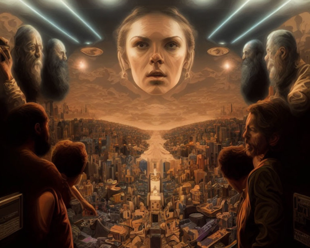 Surreal illustration: Woman's face over futuristic cityscape