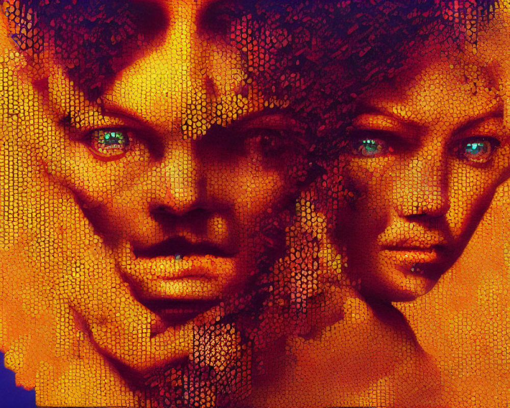 Textured Orange Faces on Blue Background with Blue Eyes