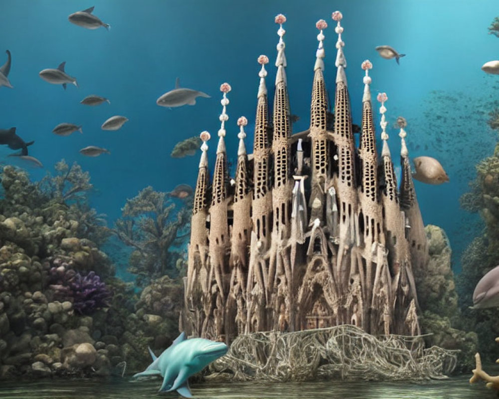 Gothic-style building submerged in vibrant underwater scene