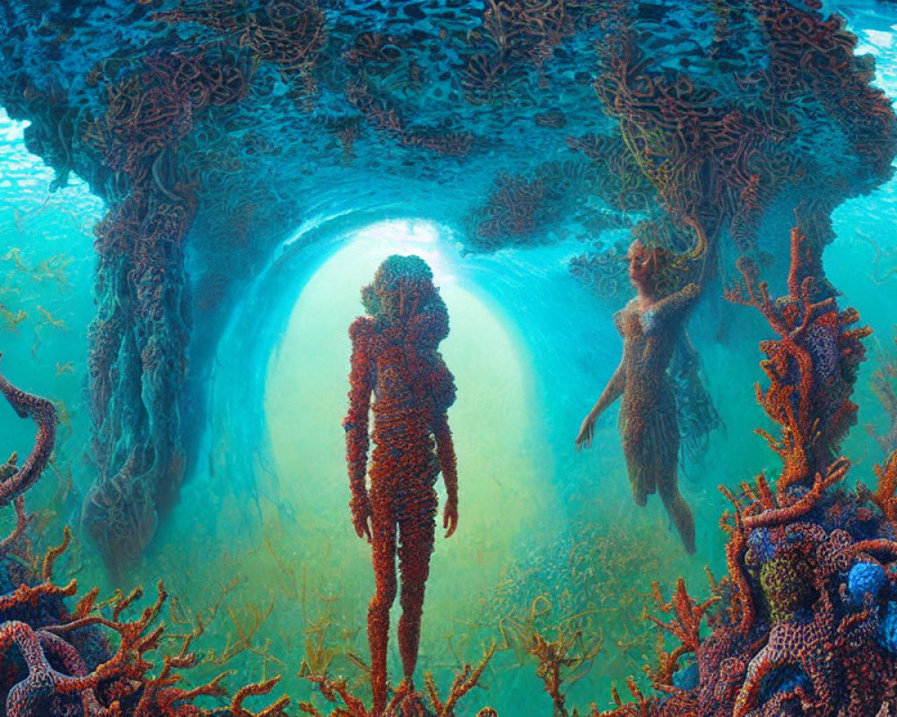 Underwater scene: humanoid figures with coral textures near vibrant marine life.