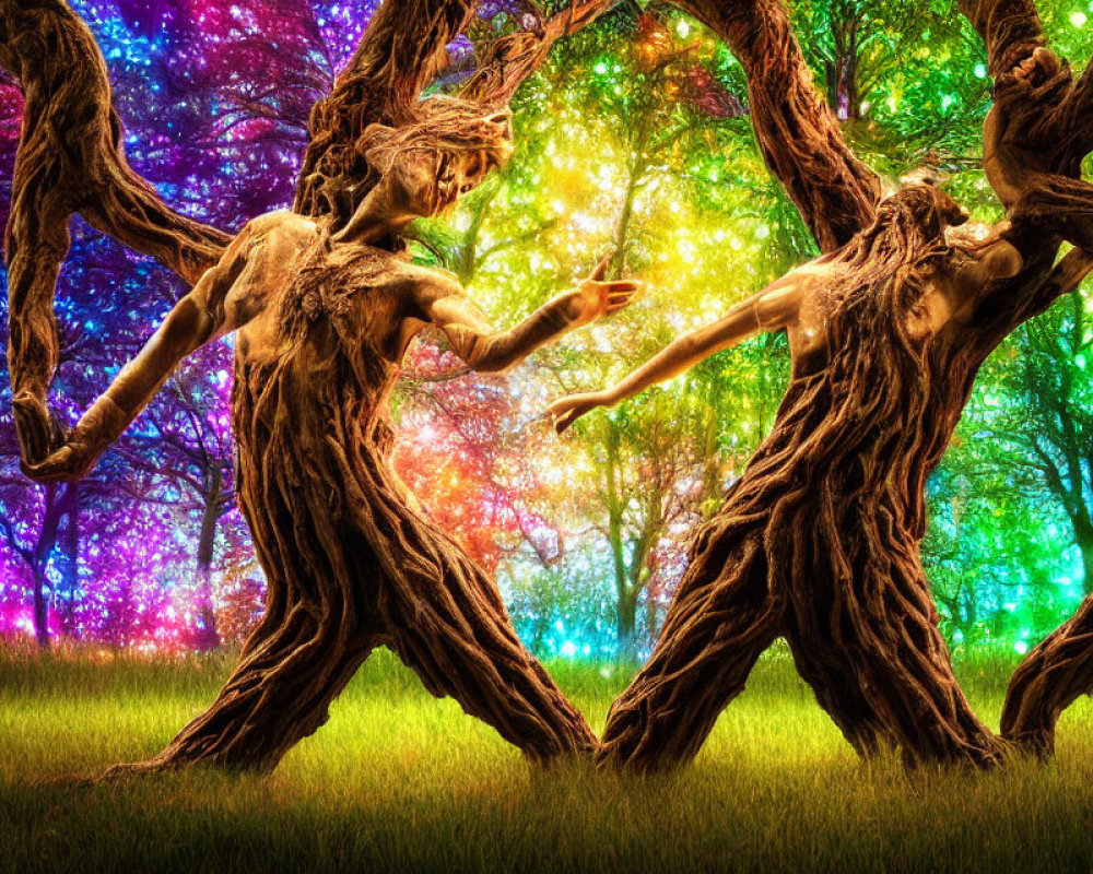 Vibrant fantasy scene: tree-like human figures in colorful forest