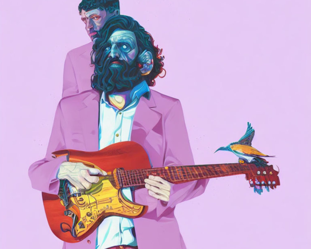 Stylized illustration of man with multiple faces playing guitar & colorful bird on pink background