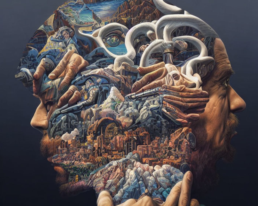 Surreal painting of man's head revealing intricate scenes with altering hands