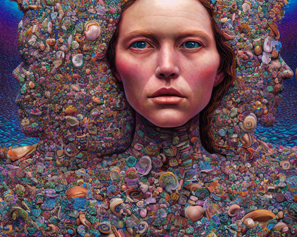 Colorful Surrealist Portrait with Sea Shell Patterns